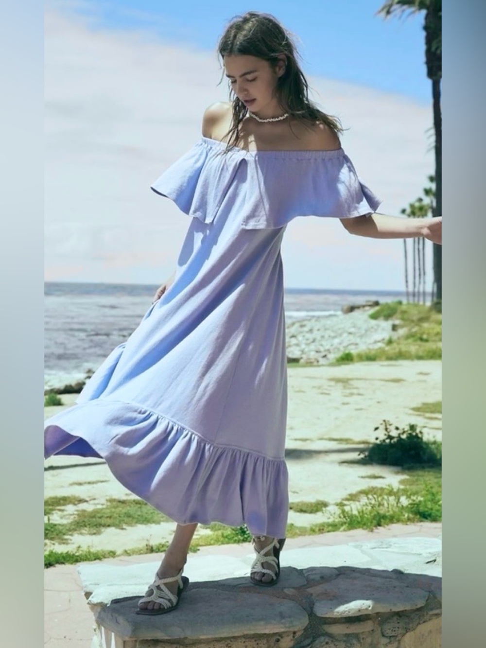 NWT FREE PEOPLE LYNNE OFF THE SHOULDER DRESS XS LAVENDER LUSTER BLUE